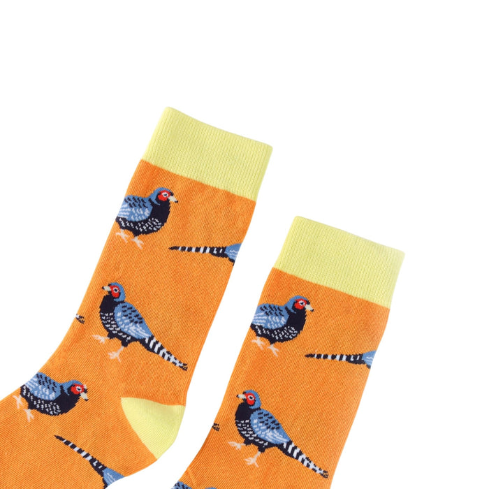 Orange Pheasant bamboo socks on a white background