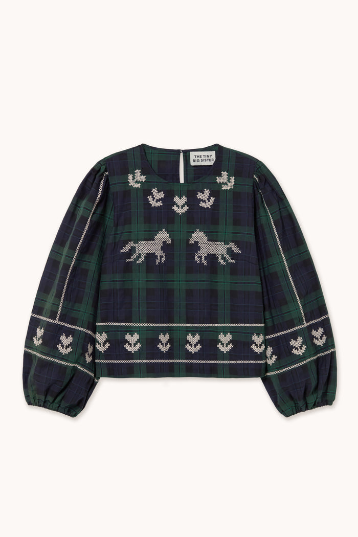 Tiny Big Sister Embroidered Check Puff Sleeves Blouse AW26-754 front view Shop Tiny Big Sister at Dotique