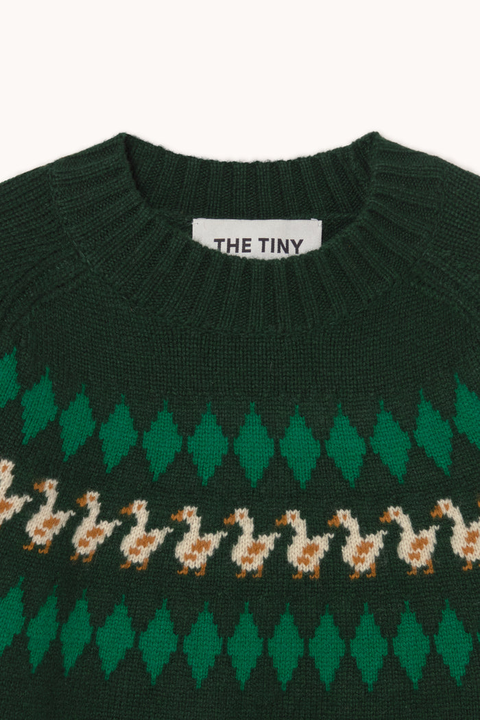 Tiny Big Sister Geese Sweater AW26-707 green geese jumper detail Shop Tiny Big Sister at Dotique