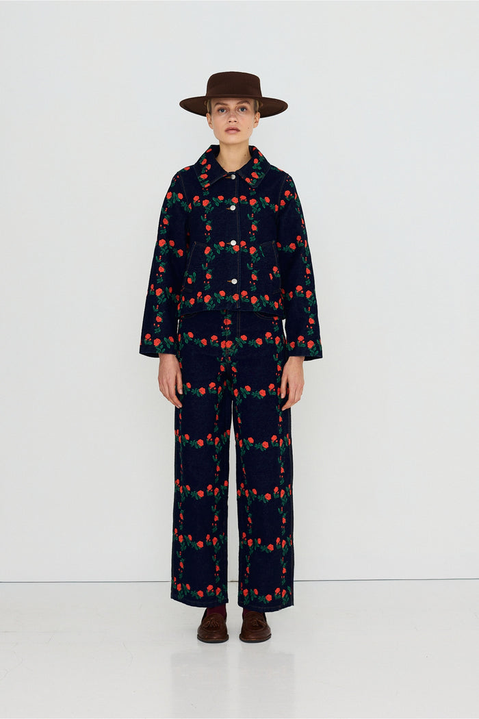 Tiny Big Sister Roses Grid Embroidery Denim Jacket AW26-795 worn by model Shop Tiny Big Sister at Dotique