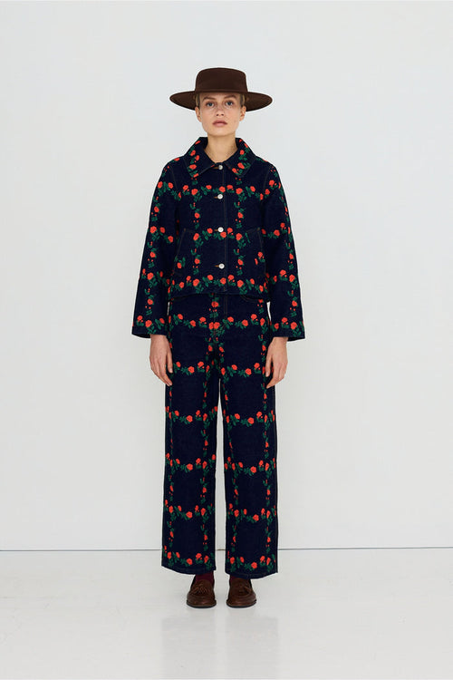 Tiny Big Sister Roses Grid Embroidery Denim Jacket AW26-795 worn by model Shop Tiny Big Sister at Dotique