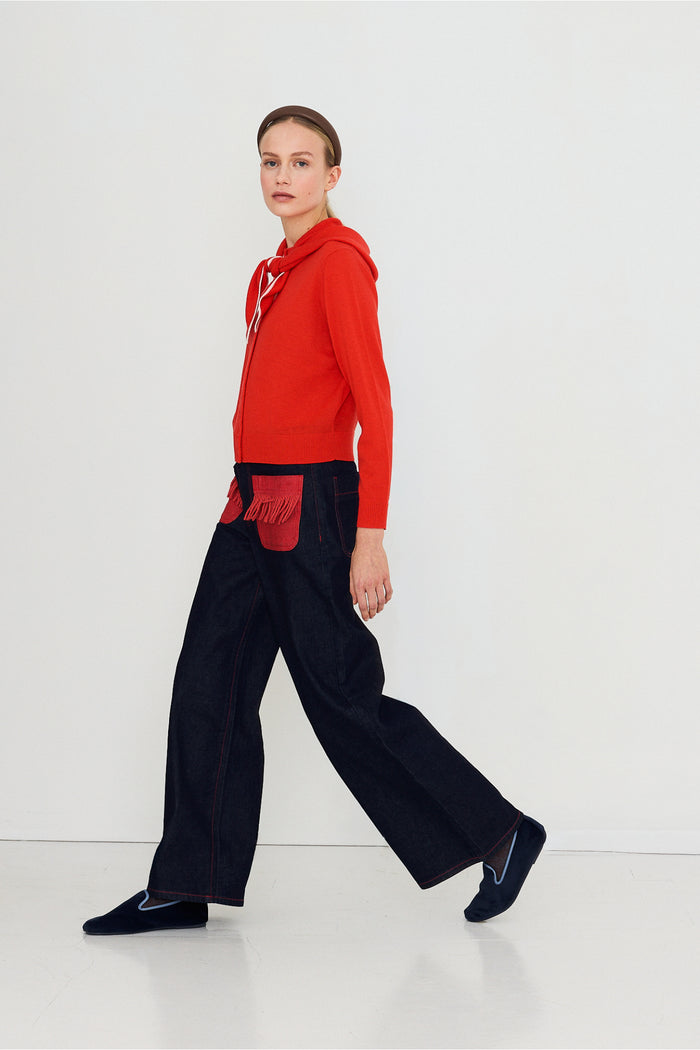 Tiny Big Sister Scarf Neck Lara Cardigan - Red AW26-668 on model Shop Tiny Big Sister at Dotique