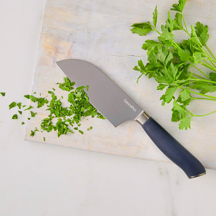 5-inch Santoku knife with a black handle and titanium blade, shown alone on a plain background.