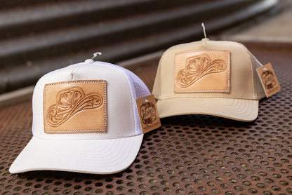 Tooled Cowboy Hat Leather Patch Mid Profile Trucker Cap