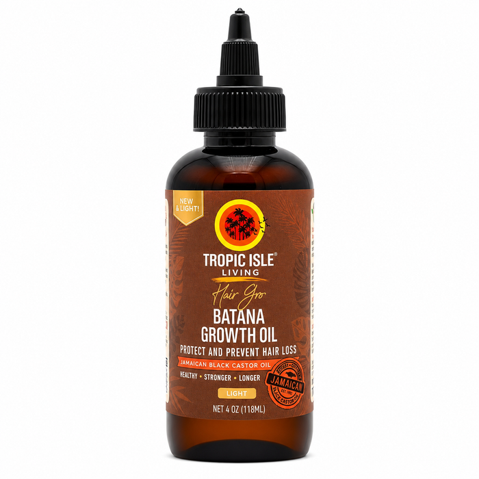 Tropic Isle Living Batana Hair Growth Oil Light Blend 4oz nourishing scalp and hair oil with castor oil, sunflower oil, soybean oil, batana oil, almond oil, avocado oil and jojoba oil