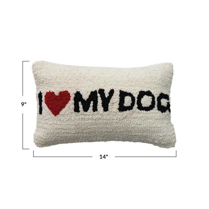 Tufted Lumbar Pillow "I ♥ My Dog", Natural, Black & Red