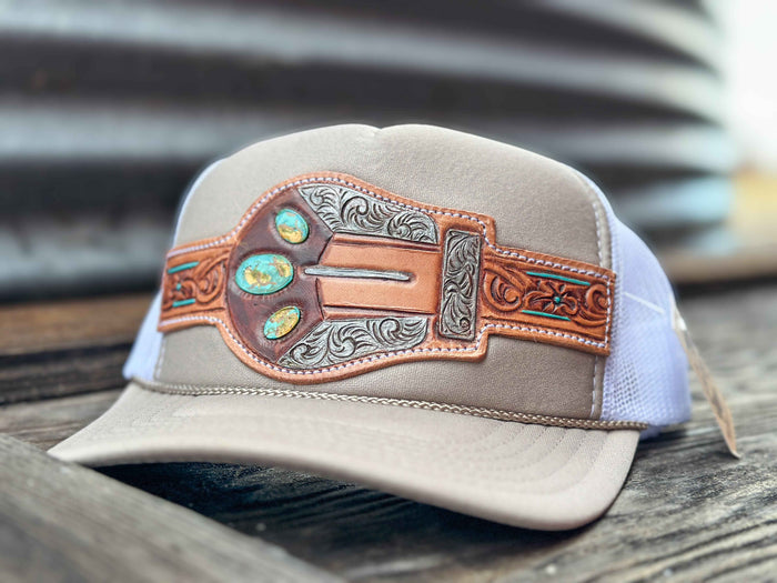 Turquoise Handtooled Buckle Cap