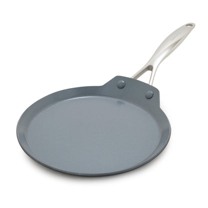 Ceramic nonstick crepe pan, 9.5 inches, with a silver handle on a white background.