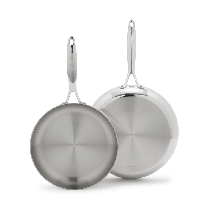 Stainless steel frypan set with two pans, shiny metal handles, and polished finish.