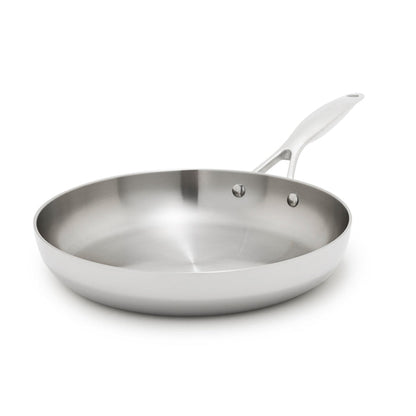 Stainless steel 10-inch frypan with a long handle, uncoated silver finish, single piece.