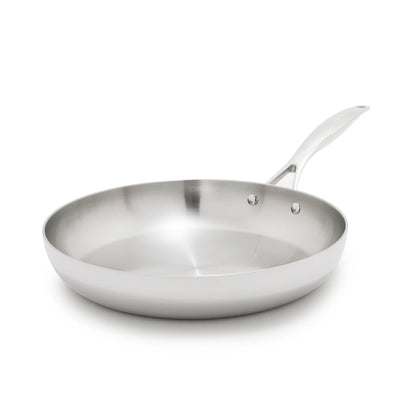 Stainless steel 12-inch frypan with uncoated finish and long handle on a white background.