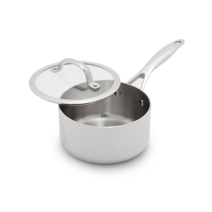Stainless steel 1.6-quart saucepan with a partly open glass lid on a white background.