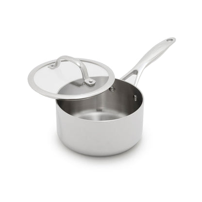 Stainless steel 1.6-quart saucepan with a partly open glass lid on a white background.