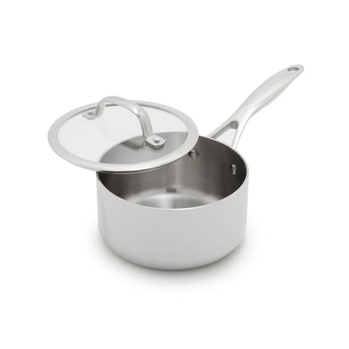 Stainless steel 1.6-quart saucepan with a partly open glass lid on a white background.