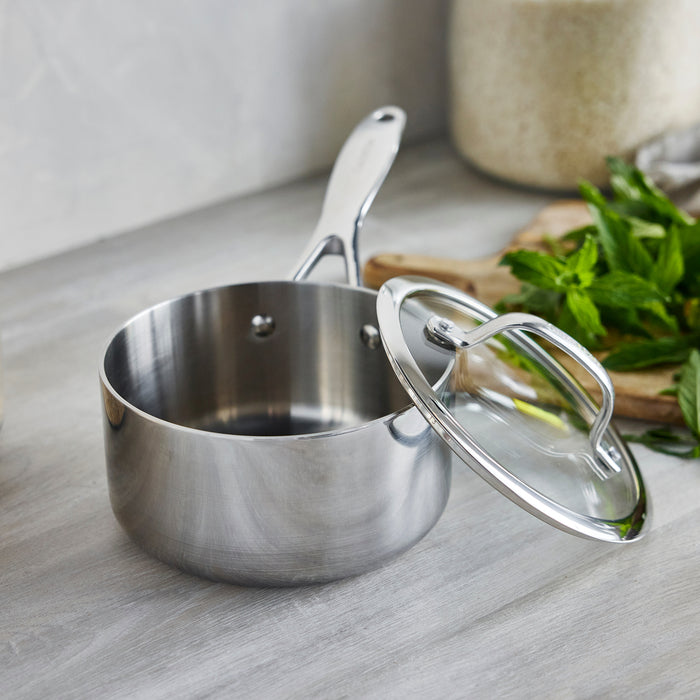 Stainless steel saucepan with lid on a bright counter beside fresh herbs.