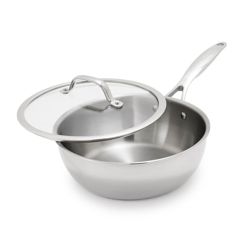 Stainless steel chef's pan with lid on a white background