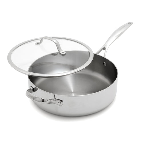Stainless steel sauté pan with a glass lid, partially open, on a white background. 5-quart capacity.