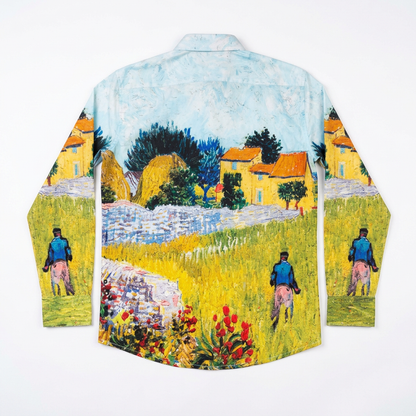 Van Gogh Farmhouse shirt for men in blue, back flat view, with the farmhouse and field landscape artwork