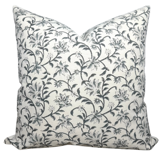 Vine Floral Print Pillow Cover in Indigo on Natural