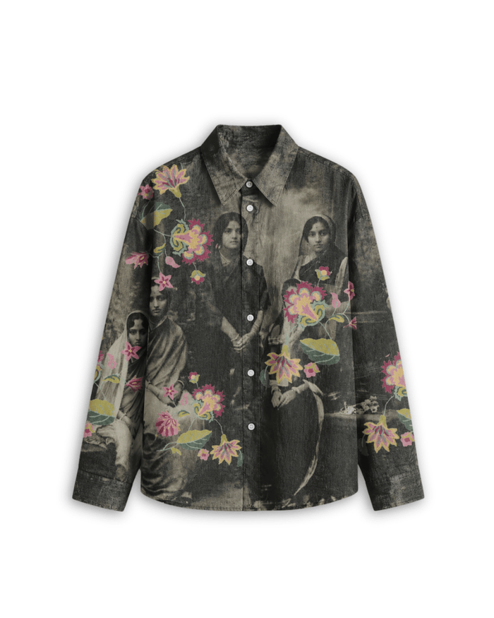Vintage Family shirt for men in black Giza cotton, front view, with a vintage portrait and floral print