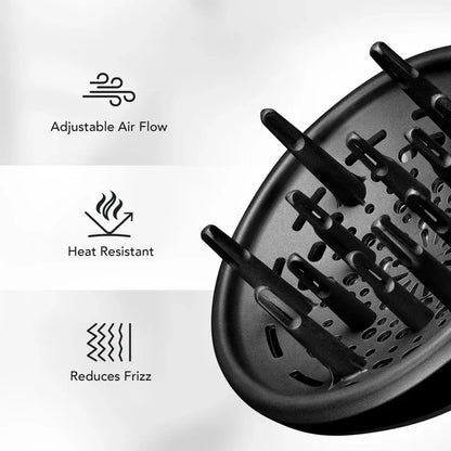 Wahl Defines & Enhances Curls Universal Diffuser highlighting adjustable airflow, heat-resistant design and frizz-reducing performance for curly hair