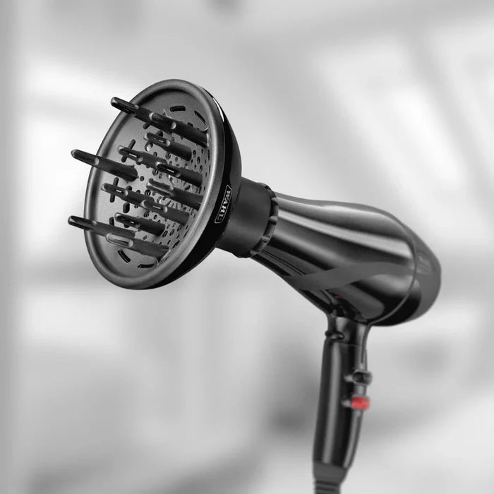 Wahl Universal Hair Diffuser attached to a hairdryer for defining curls, reducing frizz and even heat distribution