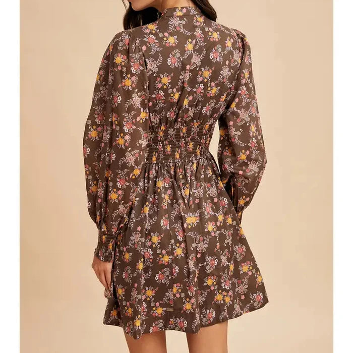 Women's L/S Floral Zip Front Mini Dress in Mocha Mousse