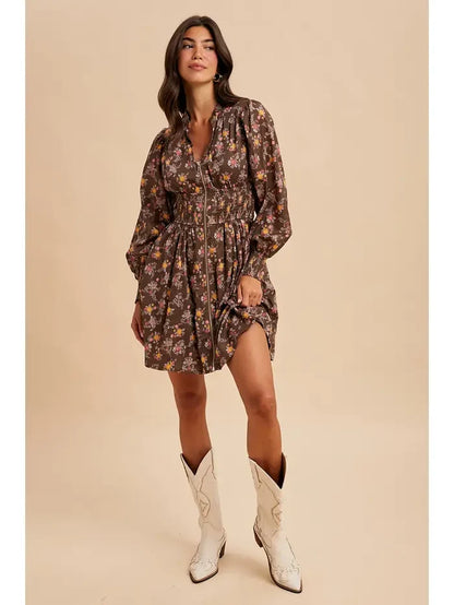 Women's L/S Floral Zip Front Mini Dress in Mocha Mousse
