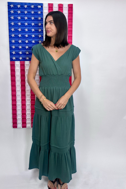 Woven Tiered Midi Dress, Sage