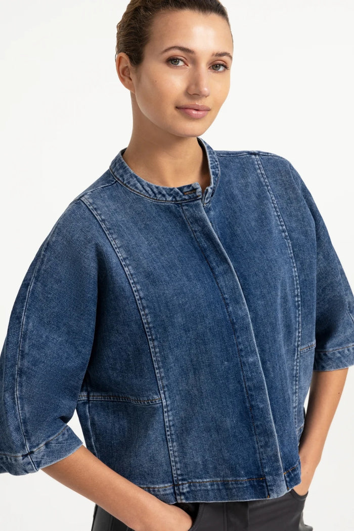 YAYA Short Sleeve Denim Blouse - Dark Blue Denim 01-201249-609 on model Shop YAYA at Dotique