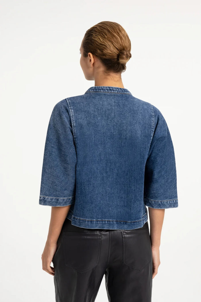 YAYA Short Sleeve Denim Blouse - Dark Blue Denim 01-201249-609 back view Shop YAYA at Dotique