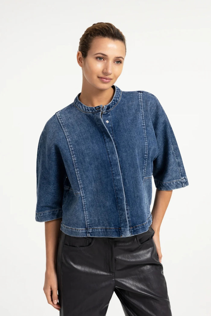 YAYA Short Sleeve Denim Blouse - Dark Blue Denim 01-201249-609 on model Shop YAYA at Dotique