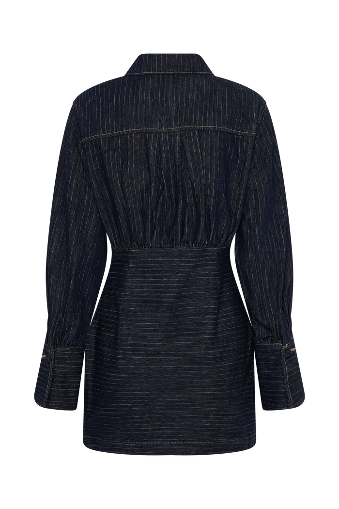 Zarah Denim Long Sleeve Mini Dress - Indigo Pinstripe