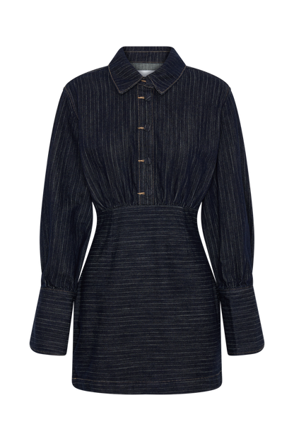 Zarah Denim Long Sleeve Mini Dress - Indigo Pinstripe
